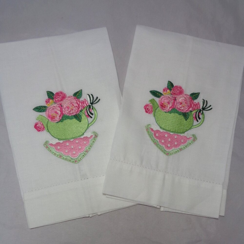 2 Sandy Clough Ramie & Cotton Embroidered Teapot and Roses Tea Towels NWOT